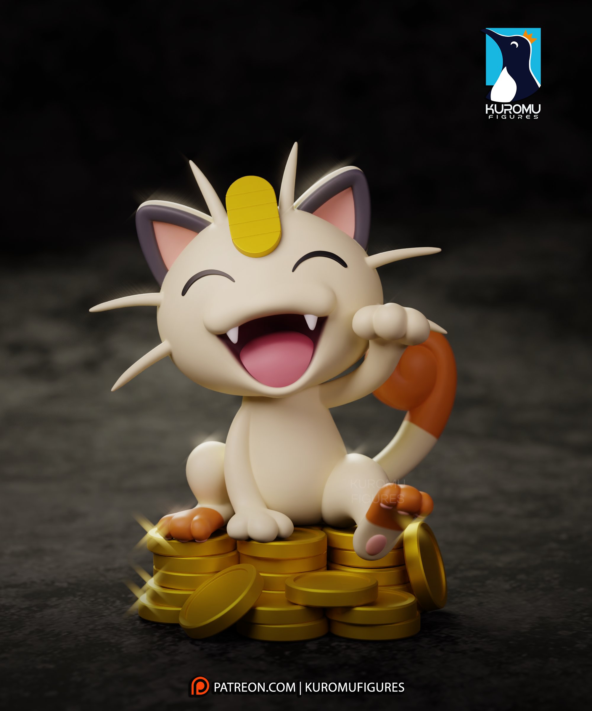 Computer-generated color render of Meowth from Pocket Monsters by Kuromu Figures, featuring cream-colored fur, orange paws and tail, a golden forehead coin, and a pile of shiny gold coins.
