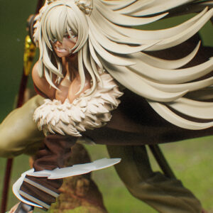 Close-up of Ghislaine Dedoldia from Mushoku Tensei showing feline ears, fierce expression, and sculpted white hair