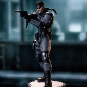 Front three-quarter digital rendered example of Solid Snake from Metal Gear Solid, wearing a dark tactical sneaking suit and bandana while aiming a suppressed pistol, with an industrial platform base. Sculpt attributed to CA3D.