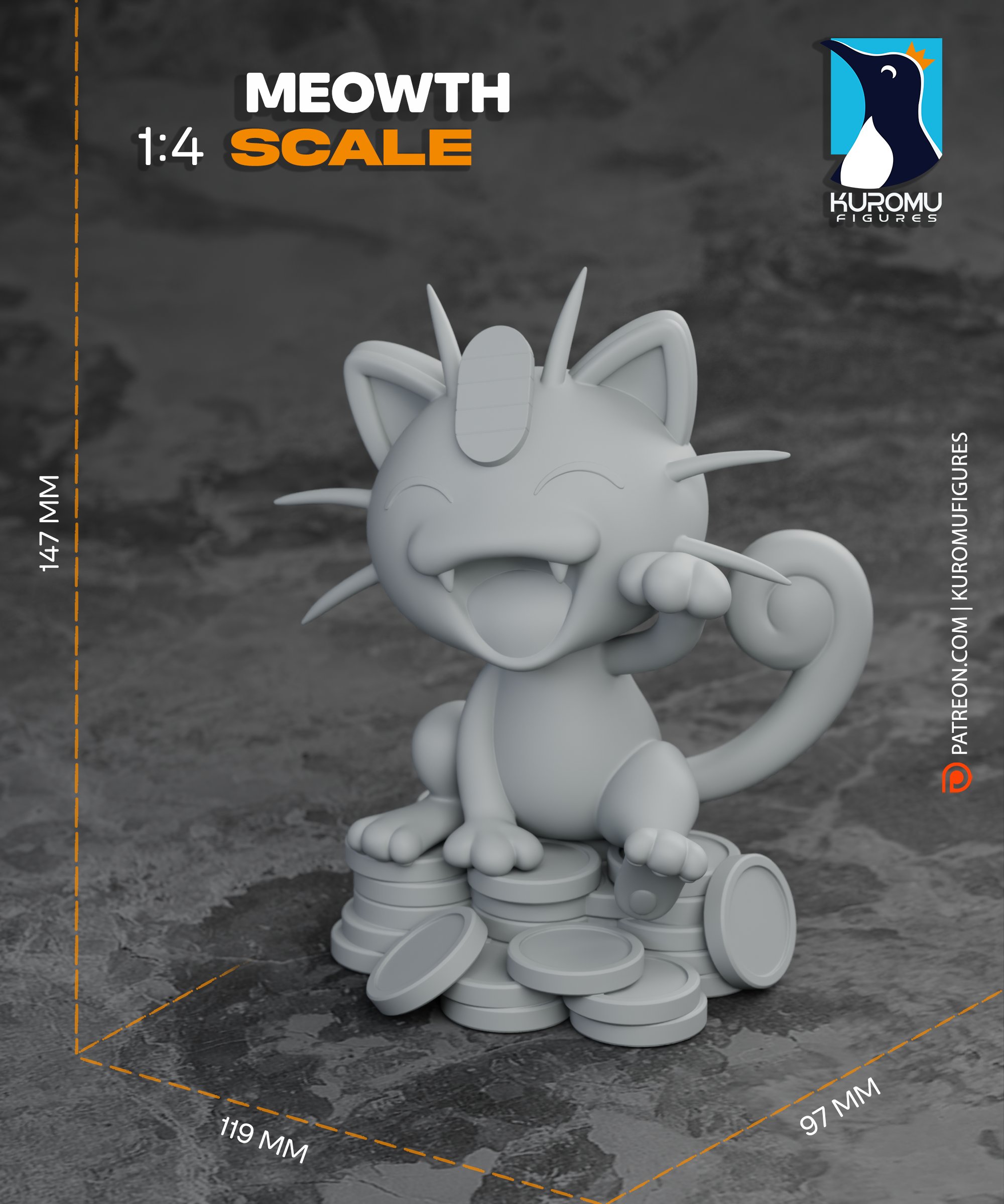 Gray digital sculpt of Meowth from Pocket Monsters by Kuromu Figures, sitting on stacked coins with a raised paw and curled tail, showing 1:4 scale measurements.