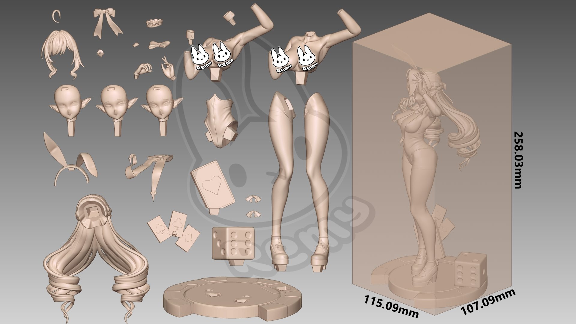 Vivian bunny girl statue by Remy Sculpts for Zenless Zone Zero, showing the digital sculpt components, alternate configurations, casino-themed display base, and original 1:7 scale dimensions.