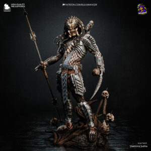 Painted reference of The Predator statue by Bulkamancer Sculpts, featuring an armored alien hunter with spear, wrist blades, shoulder cannon, and skull trophy base.