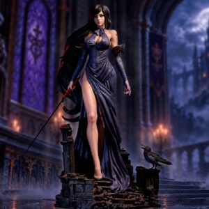 Shanoa from Castlevania Order of Ecclesia, sculpted by CA3D, wearing a flowing violet gown and standing on a ruined gothic display base with a raven.