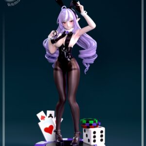 Computer-generated color render of Vivian from Zenless Zone Zero by Remy Sculpts, featuring lavender hair, black bunny ears, a glossy bunny suit, sheer stockings, and a casino-themed statue base with playing cards and dice.
