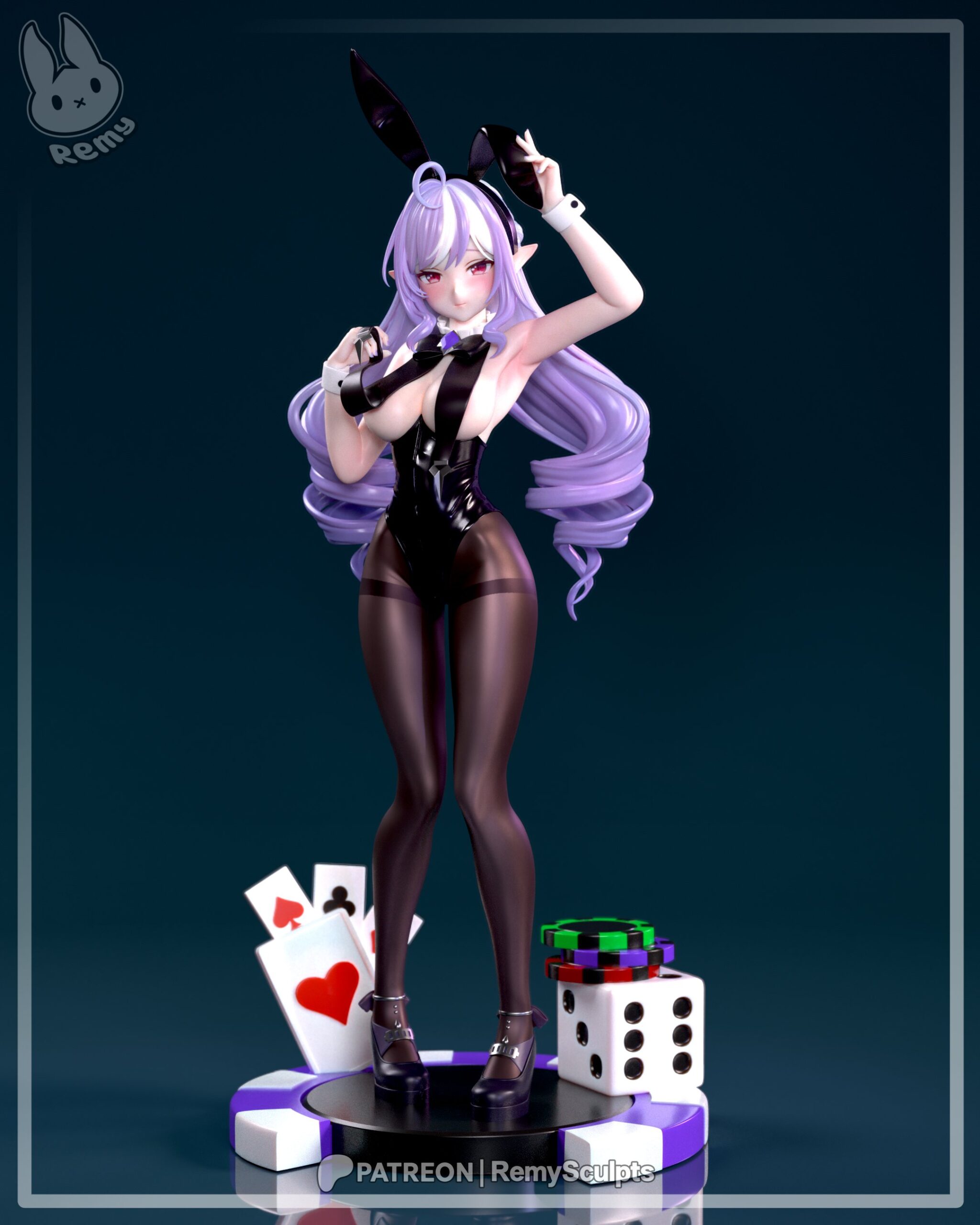 Computer-generated color render of Vivian from Zenless Zone Zero by Remy Sculpts, featuring lavender hair, black bunny ears, a glossy bunny suit, sheer stockings, and a casino-themed statue base with playing cards and dice.