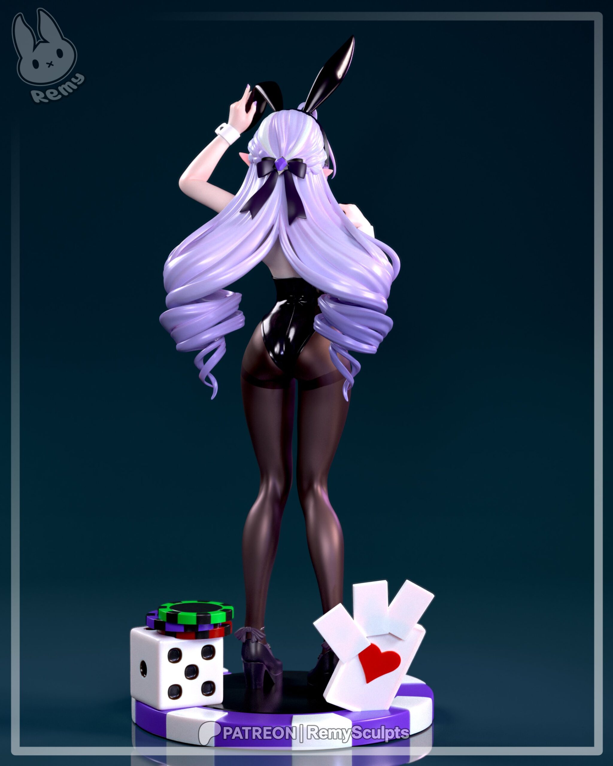 Rear digital color render of the Vivian bunny girl statue from Zenless Zone Zero by Remy Sculpts, highlighting her long lavender curls, black hair bow, glossy costume, and decorative poker chips and playing cards.