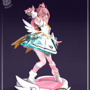 Idol Aria Zenless Zone Zero figure by Remy Sculpts, front view showing pink twin-tails, playful wink, white and teal idol costume, and heart-shaped angel wings display base.