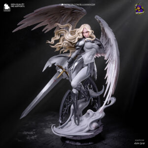 Computer-generated color render of Teresa from Claymore by Bulkamancer Sculpts, featuring blonde hair, silver armor, white feathered wings, and a massive sword above a gothic stone base.