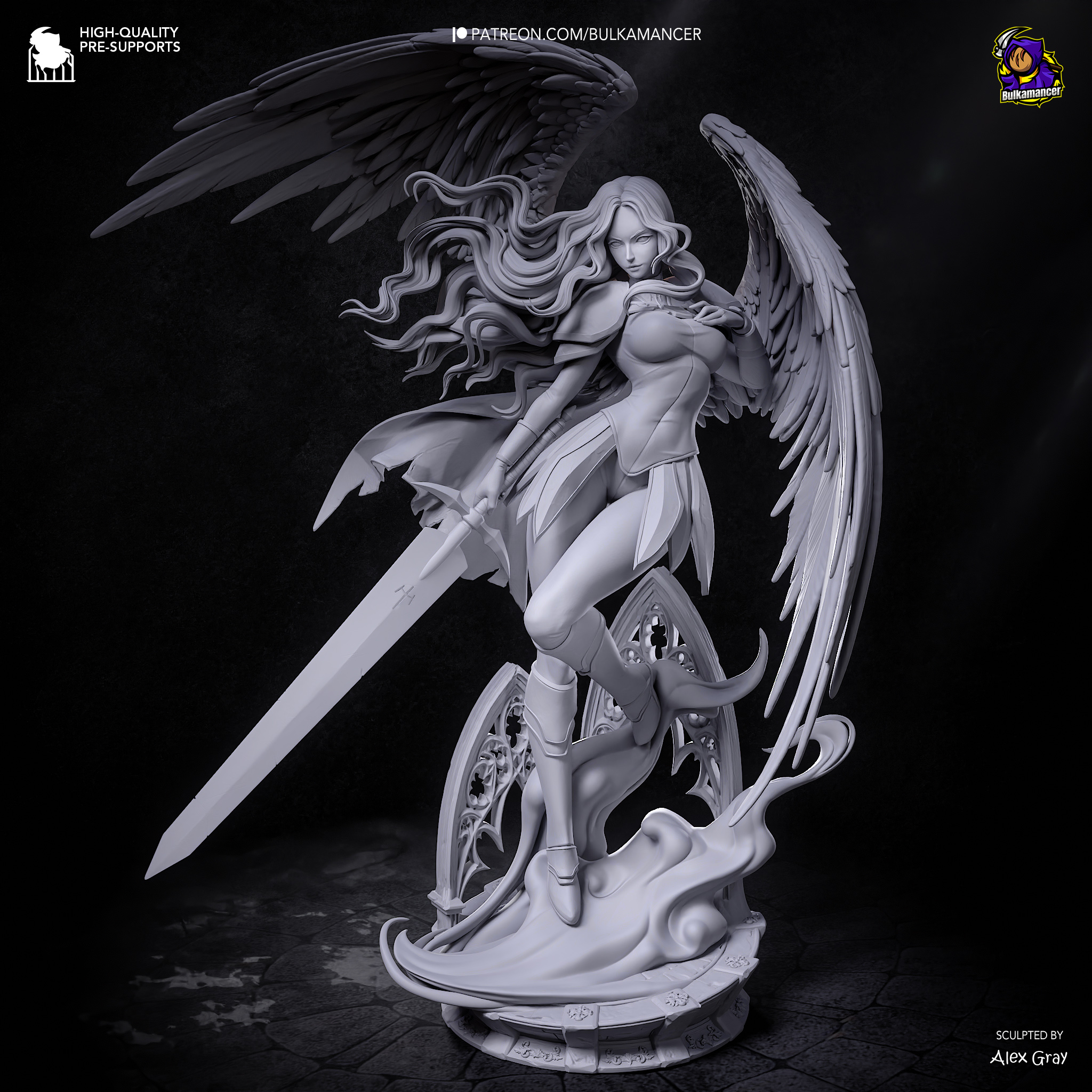Front three-quarter unpainted digital sculpt render of Teresa from Claymore by Bulkamancer Sculpts, showing her feathered wings, flowing hair, oversized sword, and gothic cathedral base.